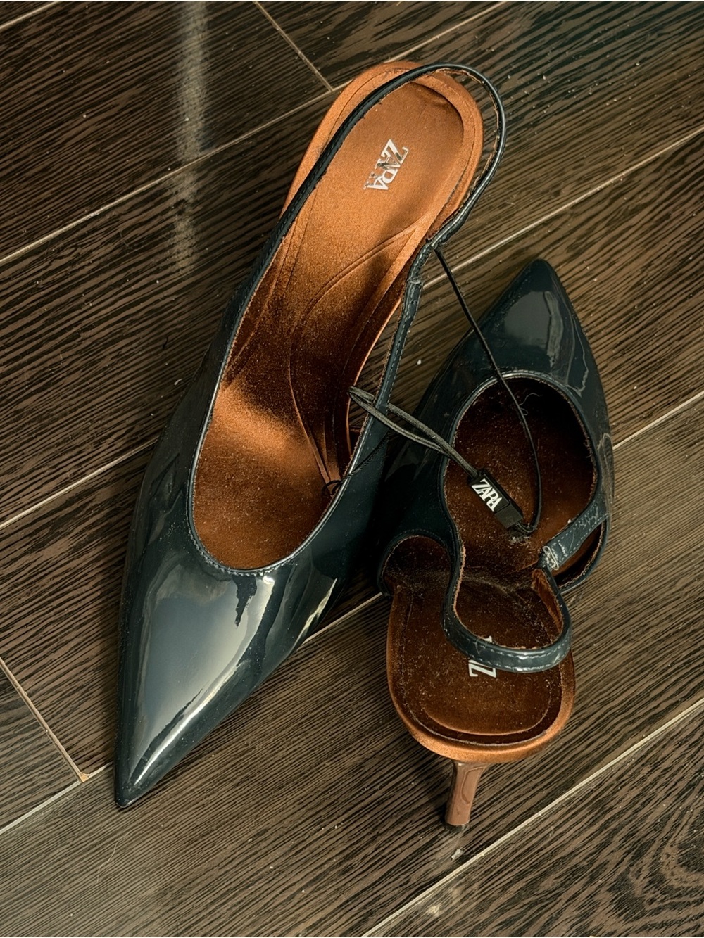 ZARA Black Patent Pointed Slingback Pumps
